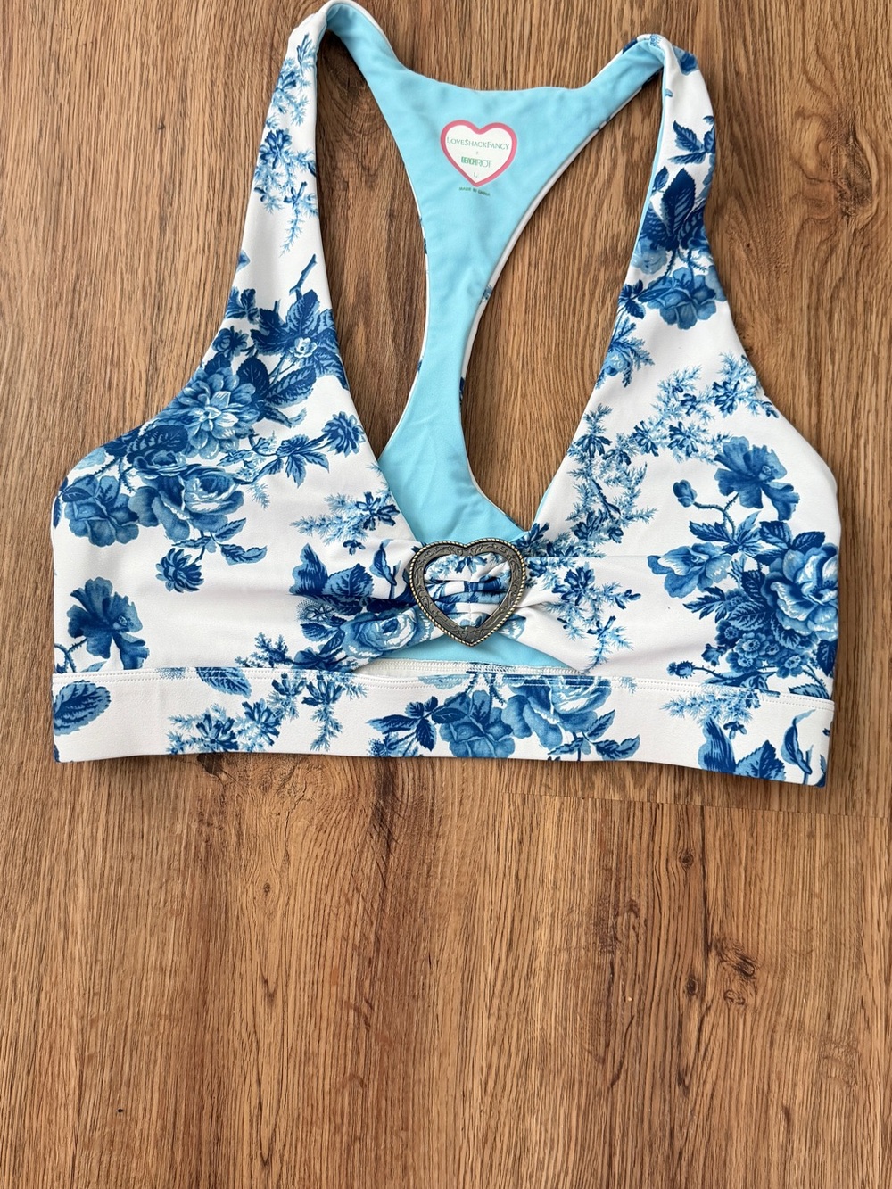 LoveShackFancy Size L Blue Floral Racerback Sports Bra with Heart Accent